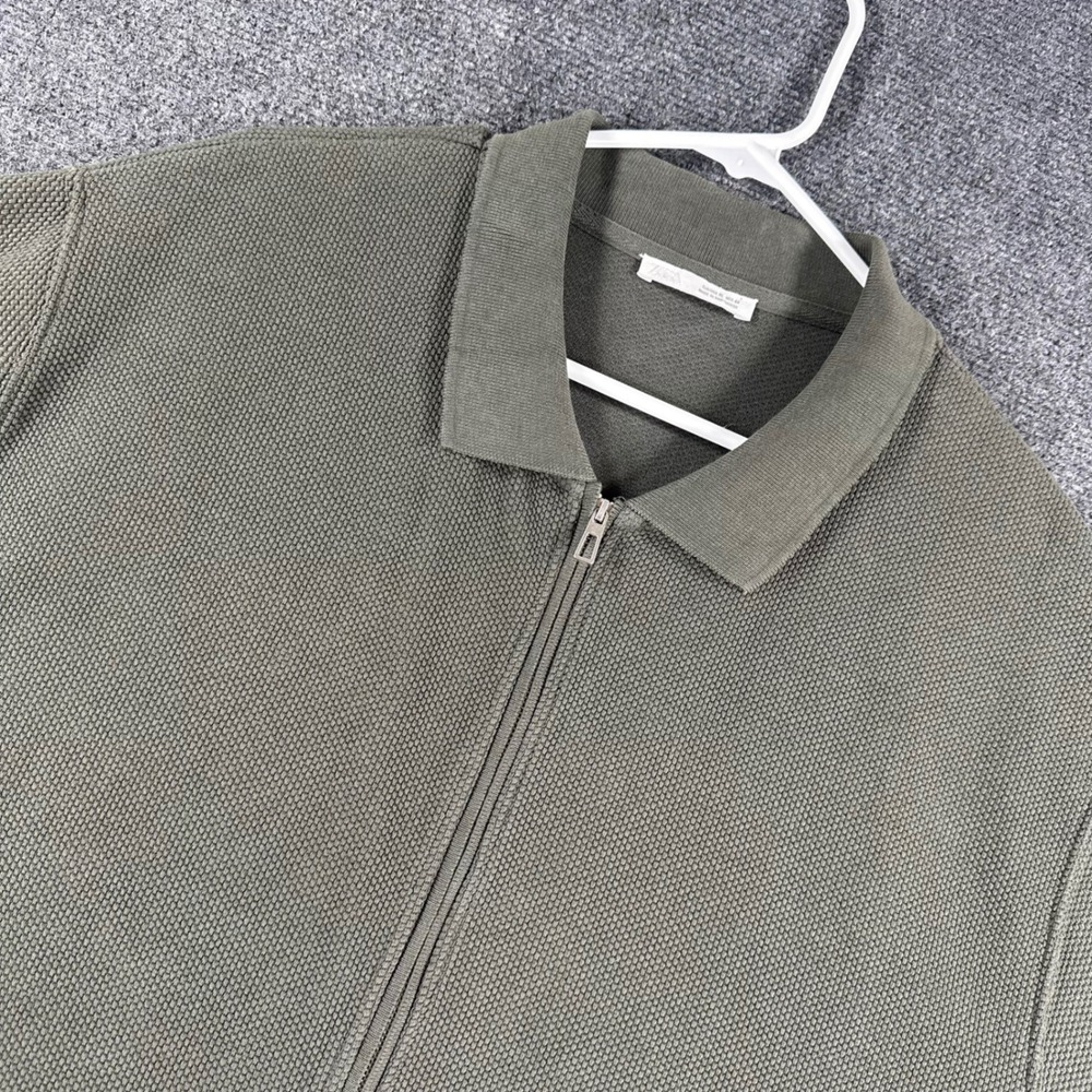 Zara Zip Polo Mens XL Extra Large Olive Green Textured Knit Short Sleeve Casual
